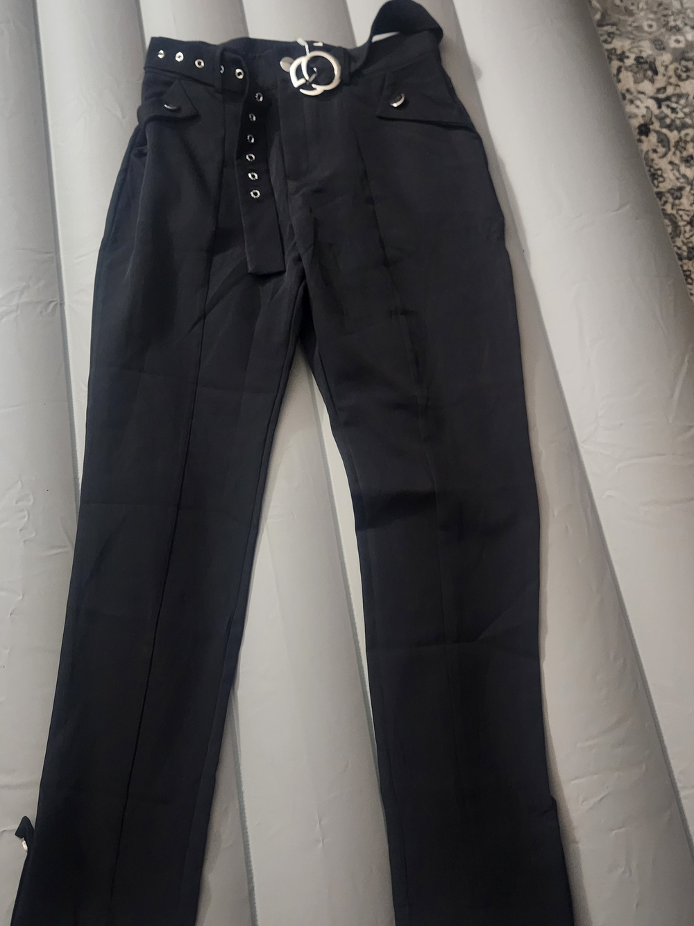 La Diosa Black Trousers Large Grommet Silver Buckle Accent Belted Mall Goth